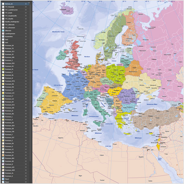 Karte Europa, Europakarte Vektor, Vektorkarte Europa, flächentreue Europakarte, Karte Europa mit Provinzen