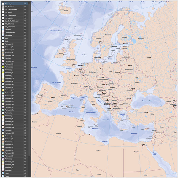 Karte Europa, Europakarte Vektor, Vektorkarte Europa, flächentreue Europakarte, Karte Europa mit Provinzen