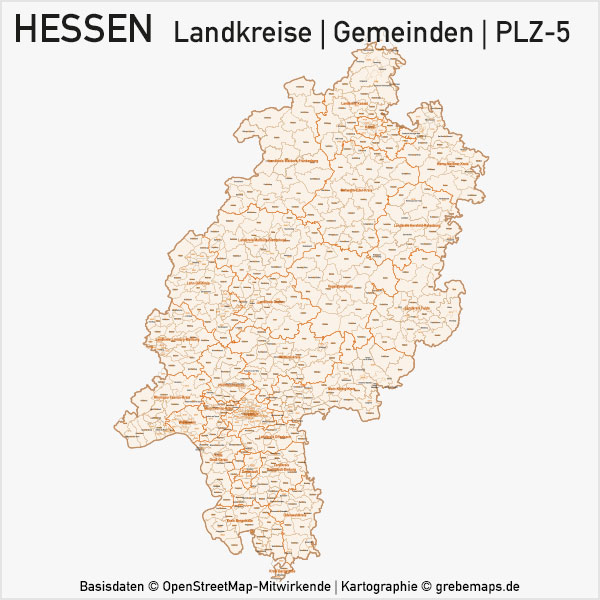 Hessen Vektorkarte Landkreise Gemeinden PLZ-5, Karte Gemeinden Hessen, Karte Landkreise Hessen, Postleitzahlenkarte Hessen, Karte Hessen PLZ, Vektorkarte Hessen
