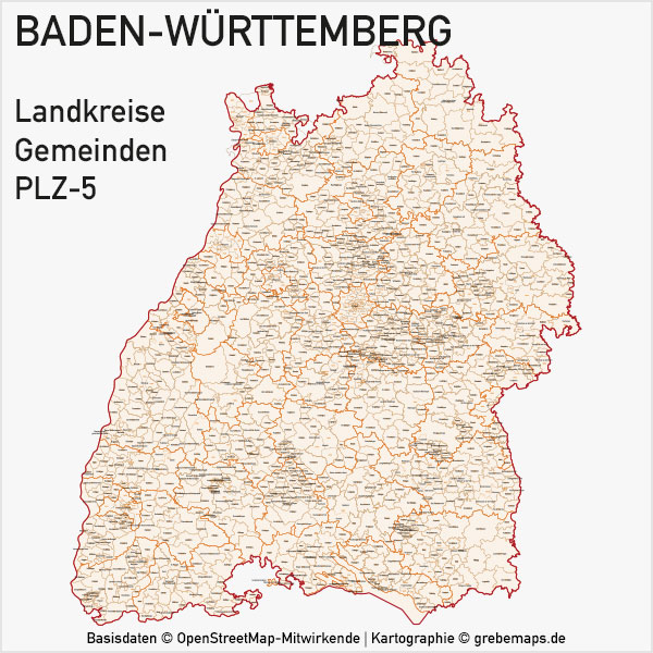 Baden-Württemberg Vektorkarte Landkreise Gemeinden PLZ-5, Karte Baden-Württemberg, PLZ-Karte Baden-Württemberg, Karte Gemeinden Baden-Württemberg, Karte Landkreise Baden-Württemberg, Landkarte Baden-Württemberg, Karte Vektor Baden-Württemberg