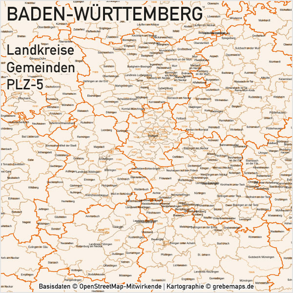 Baden-Württemberg Vektorkarte Landkreise Gemeinden PLZ-5, Karte Baden-Württemberg, PLZ-Karte Baden-Württemberg, Karte Gemeinden Baden-Württemberg, Karte Landkreise Baden-Württemberg, Landkarte Baden-Württemberg, Karte Vektor Baden-Württemberg