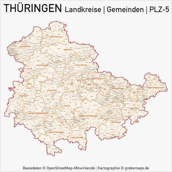 Thüringen Vektorkarte Landkreise Gemeinden PLZ-5Thüringen Vektorkarte Landkreise Gemeinden PLZ-5