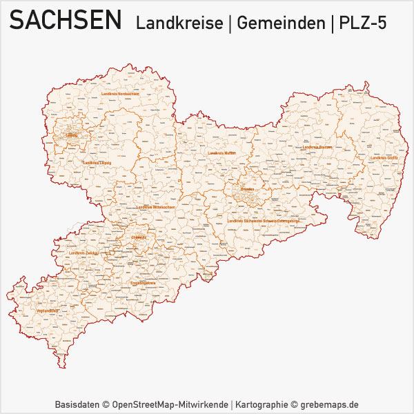 Sachsen Vektorkarte Landkreise Gemeinden PLZ-5