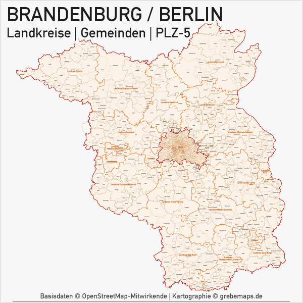 Brandenburg Berlin Vektorkarte Landkreise Gemeinden PLZ-5