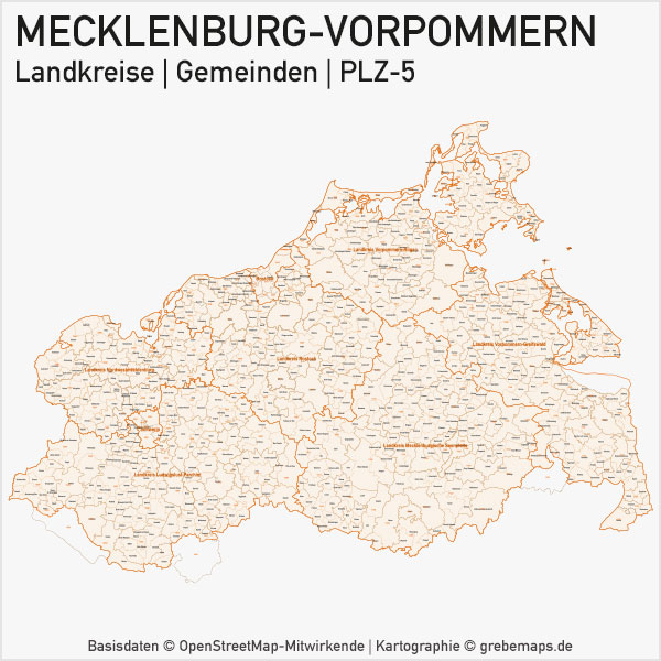 Mecklenburg-Vorpommern Vektorkarte Landkreise Gemeinden PLZ-5
