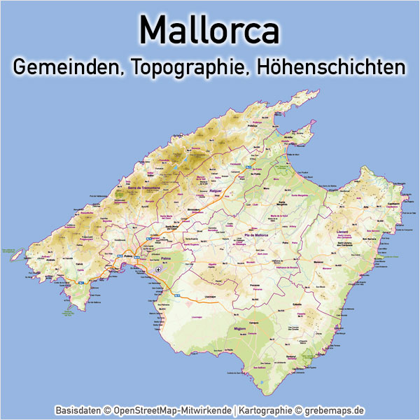 Vektorkarte Mallorca, Karte Mallorca, Karte Vektor Mallorca, Karte Mallorca Gemeinden, Karte Mallorca physisch mit Höhenschichten