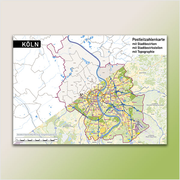 Karte Köln Stadtplan Postleitzahlen 5-stellig PLZ-5 Topographie Stadtbezirke Stadtteile
