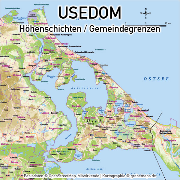 Karte Usedom Vektorkarte Basiskarte, Landkarte Usedom, Inselkarte Usedom, Vektorkarte Usedom