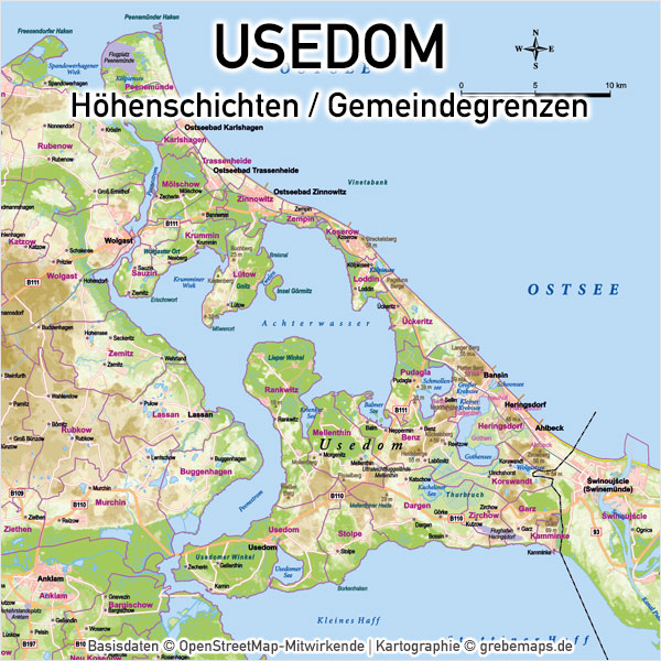 Karte Usedom Vektorkarte Basiskarte Grebemaps Kartographie