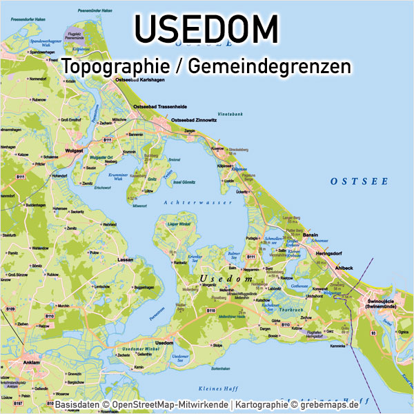 Karte Usedom Topographie / Gemeindegrenzen