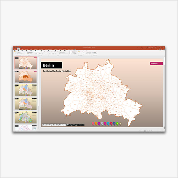 PowerPoint-Karte Berlin Postleitzahlen PLZ-5 / PLZ-2 (5-stellig / 2-stellig), mit schönen Bitmap-Basiskarten