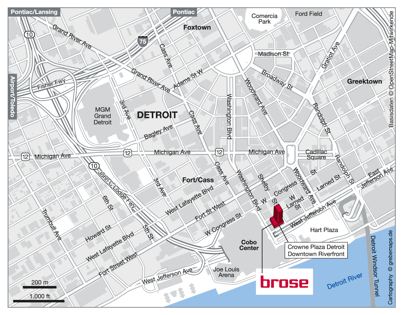 Anfahrtsskizze erstellen Detroit USA, Anfahrtskarte erstellen, Lageplan erstellen, Standortkarte erstellen, Anfahrtsplan erstellen