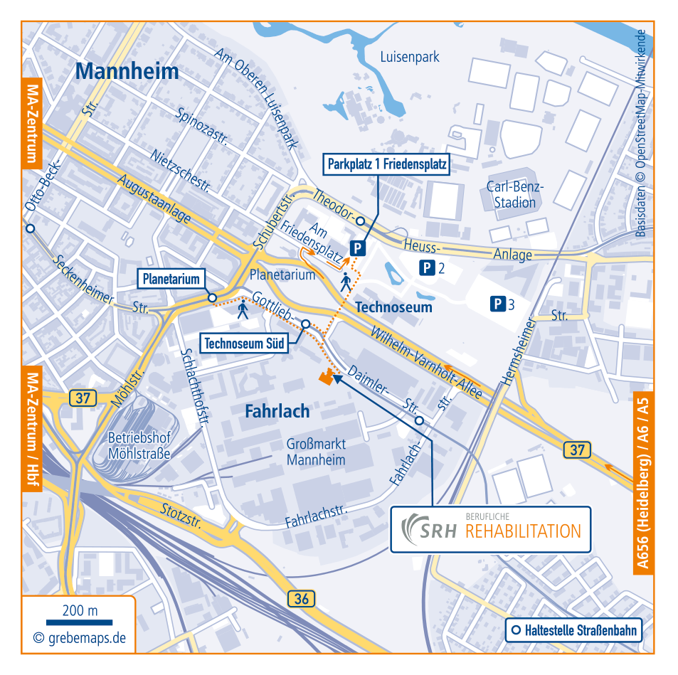 Anfahrtsskizze erstellen Mannheim SRH, Anfahrtskarte erstellen, Lageplan erstellen, Standortkarte erstellen, Anfahrtsplan erstellen