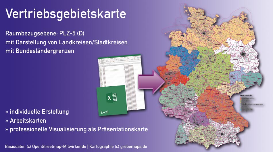 Vertriebsgebietskarte erstellen, Karte Vertriebsgebiete erstellen, Verkaufsgebietskarte erstellen, Karte Verkaufsgebiete erstellen, Kundeneinzugsbereich-Karte erstellen, Karte Kundeneinzugsbereiche erstellen