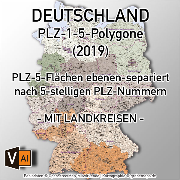 Karte Postleitzahlen Deutschland 5-stellig mit Landkreisen, PLZ-Karte Deutschland mit Landkreisen, Karte PLZ 5-stellig Deutschland mit Landkreisen, Karte PLZ-5 Deutschland