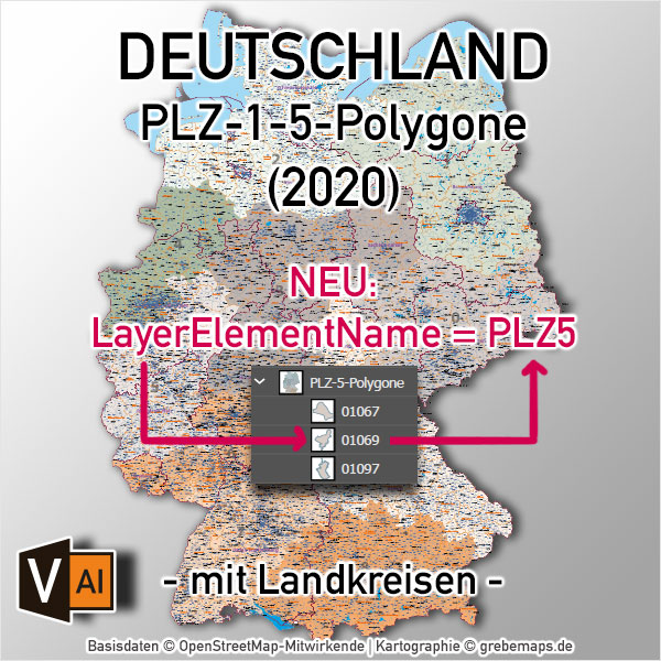 Deutschland Postleitzahlenkarte PLZ-1-5 mit Landkreisen Bundesländern Ortsnamen Vektorkarte (2020)