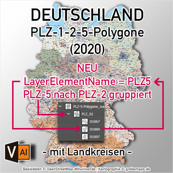 Deutschland Postleitzahlenkarte PLZ-1-2-5 mit Landkreisen Bundesländern Ortsnamen Vektorkarte (2020)